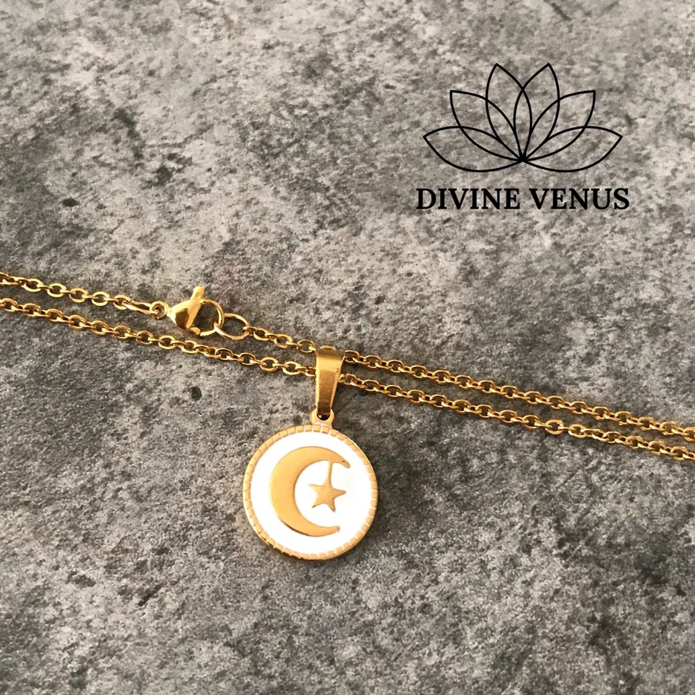 Moon Star Round Pendant Stainless Steel Necklace - Picture 8 of 8